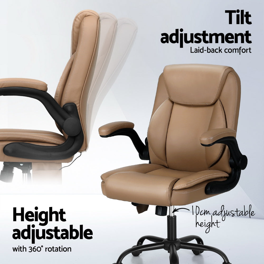 Artiss 2 Point Massage Office Chair Leather Mid Back Brown MOC-C-FZ40-2P-EP