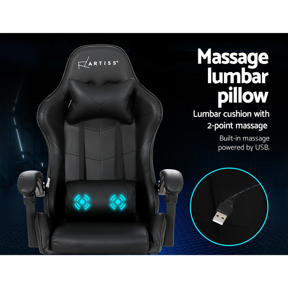 Artiss 2 Point Massage Gaming Office Chair Footrest Black MOC-GC-2P-BK