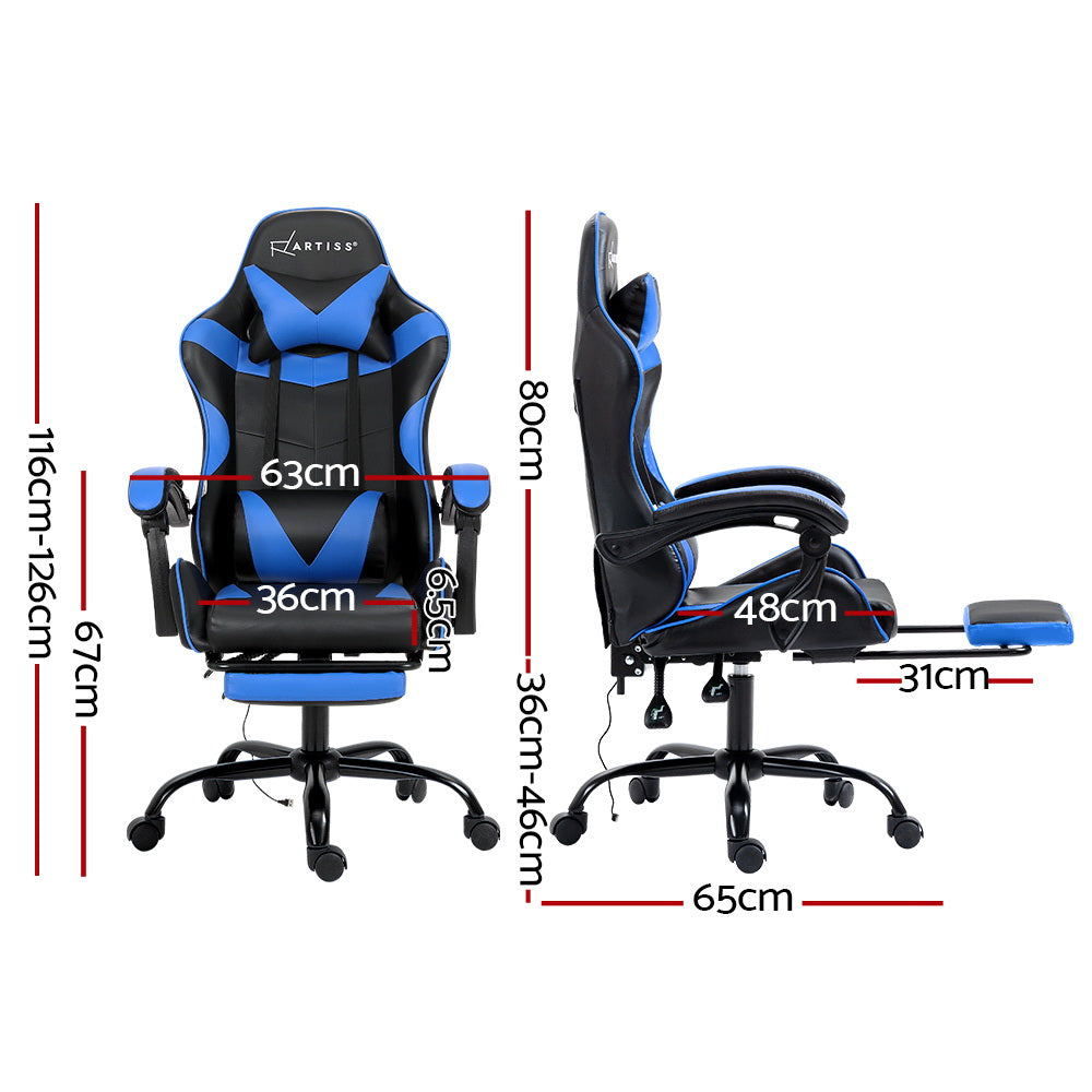 Artiss 2 Point Massage Gaming Office Chair Footrest Blue MOC-GC-2P-BK-BL