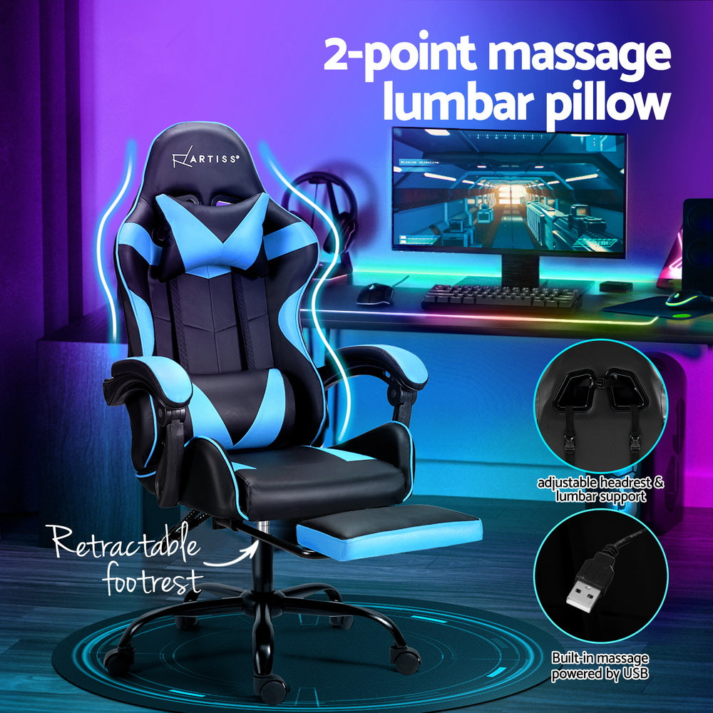 Artiss 2 Point Massage Gaming Office Chair Footrest Cyan Blue MOC-GC-2P-BK-CY