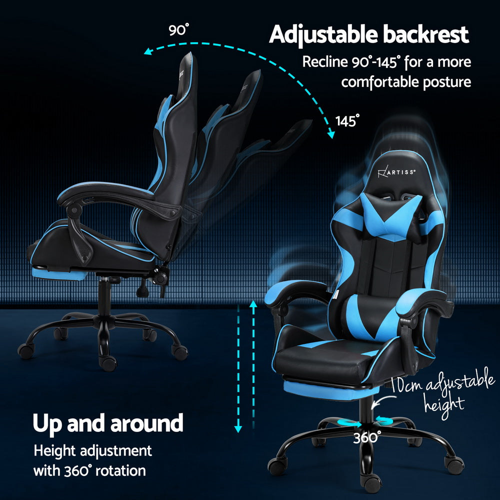 Artiss 2 Point Massage Gaming Office Chair Footrest Cyan Blue MOC-GC-2P-BK-CY