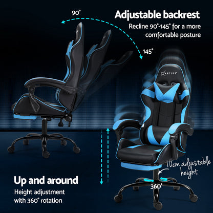 Artiss 2 Point Massage Gaming Office Chair Footrest Cyan Blue MOC-GC-2P-BK-CY