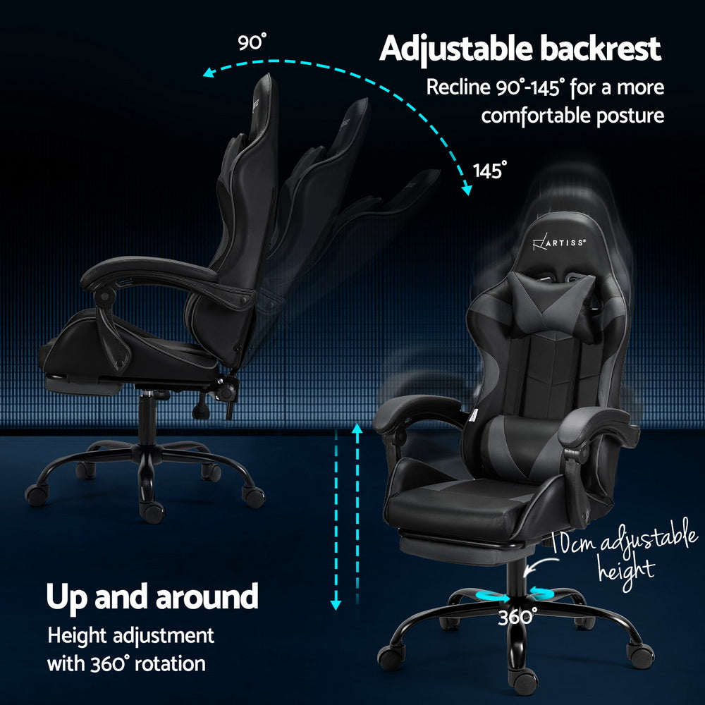 Artiss 2 Point Massage Gaming Office Chair Footrest Grey MOC-GC-2P-BK-GY