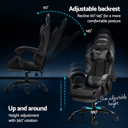 Artiss 2 Point Massage Gaming Office Chair Footrest Grey MOC-GC-2P-BK-GY