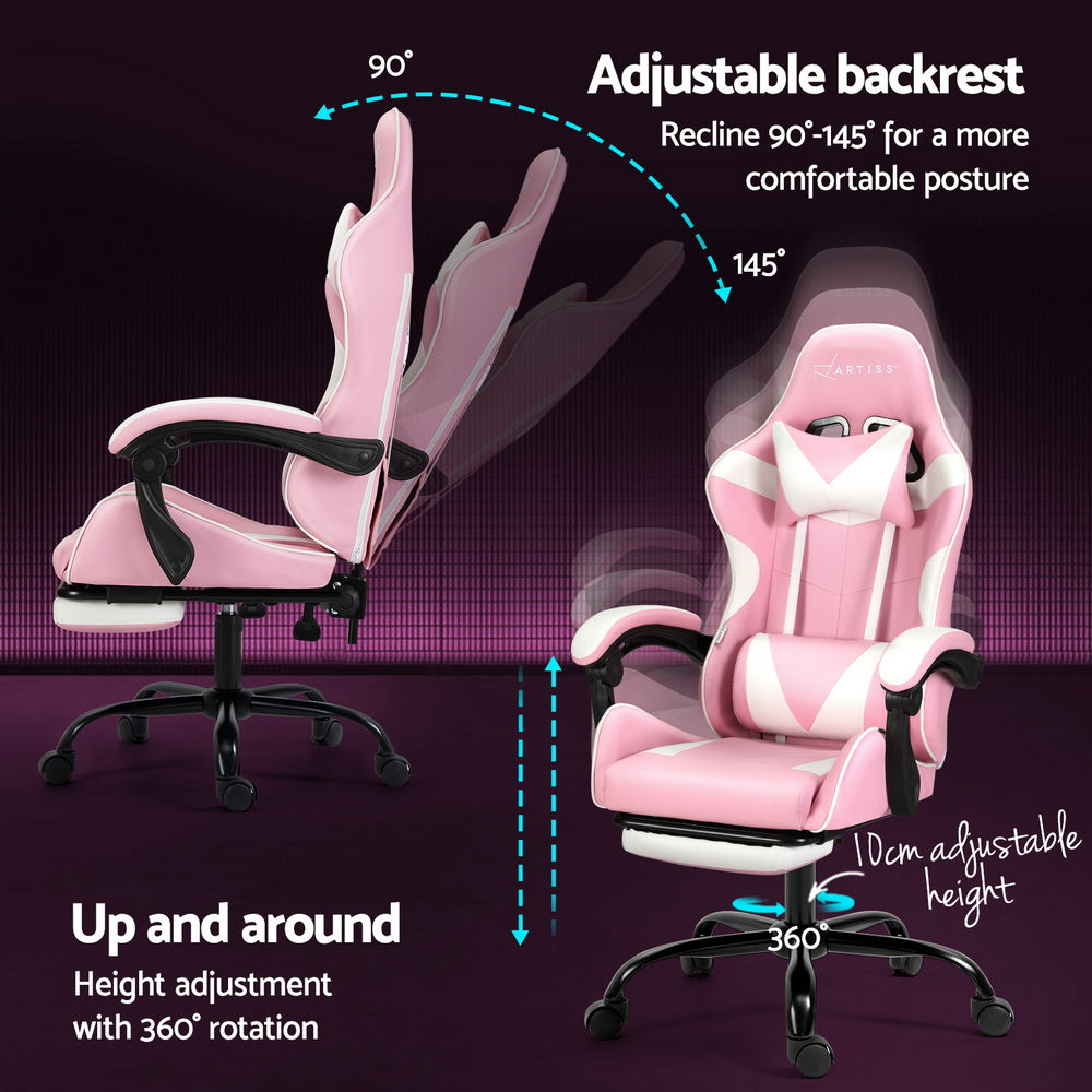 Artiss 2 Point Massage Gaming Office Chair Footrest Pink MOC-GC-2P-PK-WH
