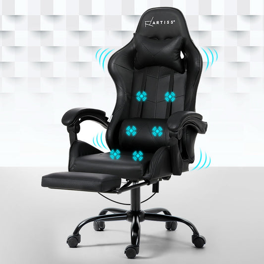 Artiss 6 Point Massage Gaming Office Chair Footrest Black MOC-GC-6P-BK