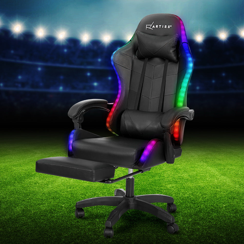 Artiss 6 Point Massage Gaming Office Chair 7 LED Footrest Black MOC-GC-6P-LED-BK