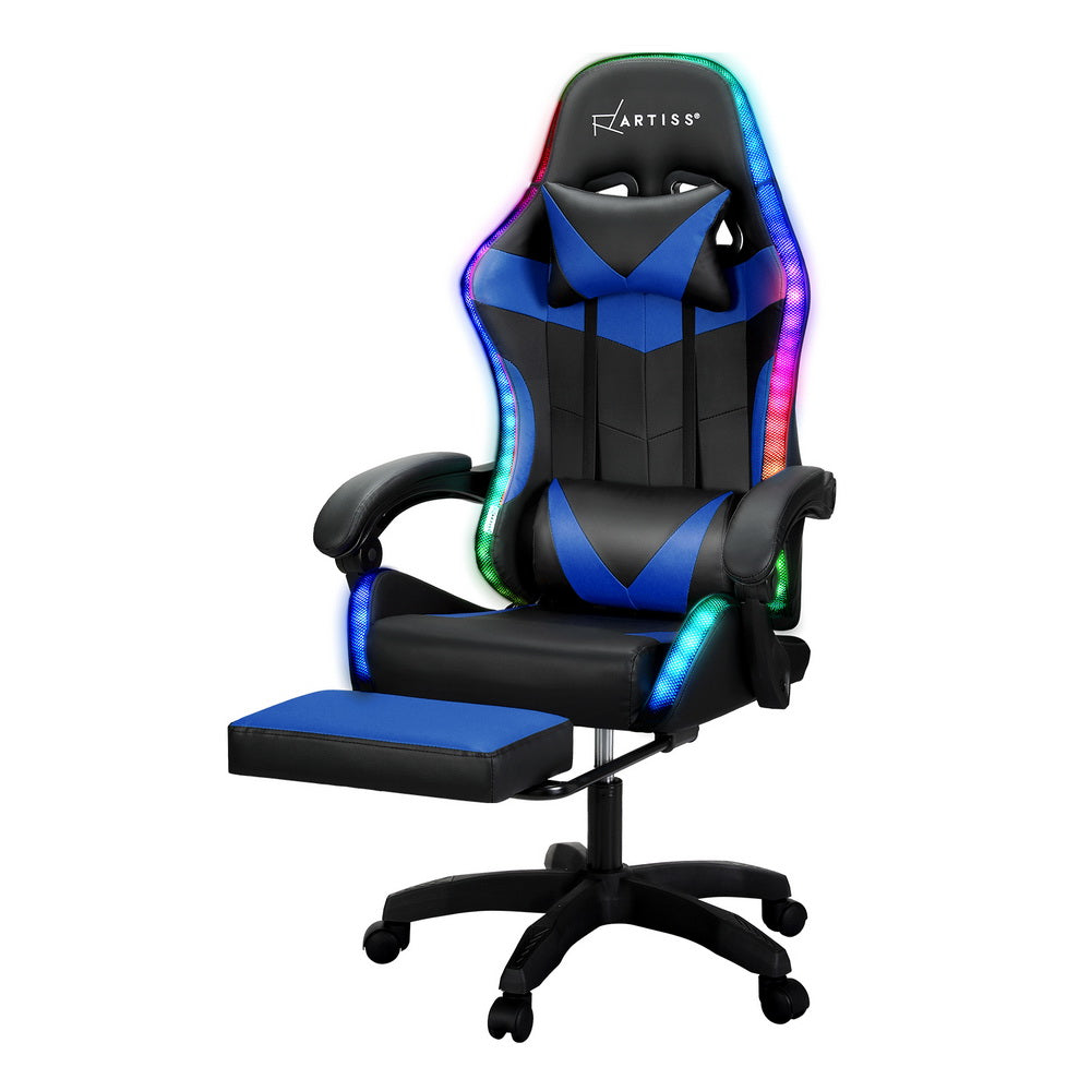 Artiss 6 Point Massage Gaming Office Chair 7 LED Footrest Blue MOC-GC-6P-LED-BK-BL