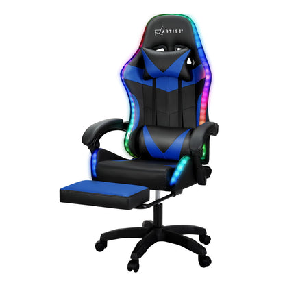 Artiss 6 Point Massage Gaming Office Chair 7 LED Footrest Blue MOC-GC-6P-LED-BK-BL