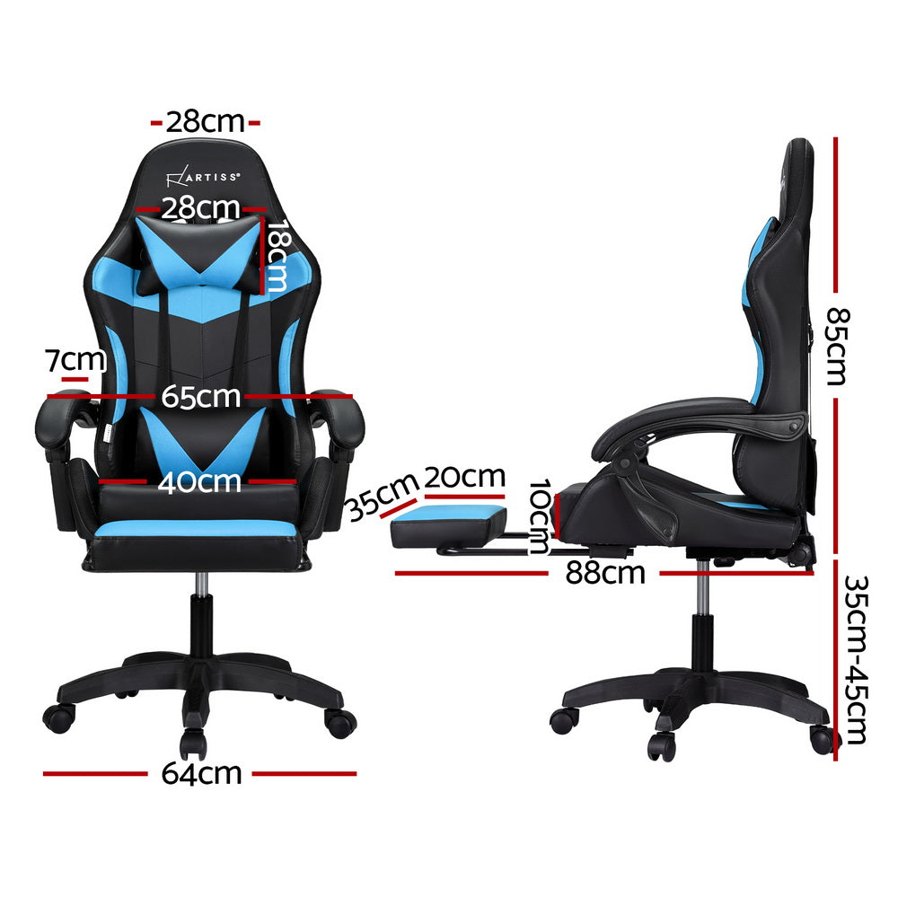 Artiss 6 Point Massage Gaming Office Chair 7 LED Footrest Cyan Blue MOC-GC-6P-LED-BK-CY