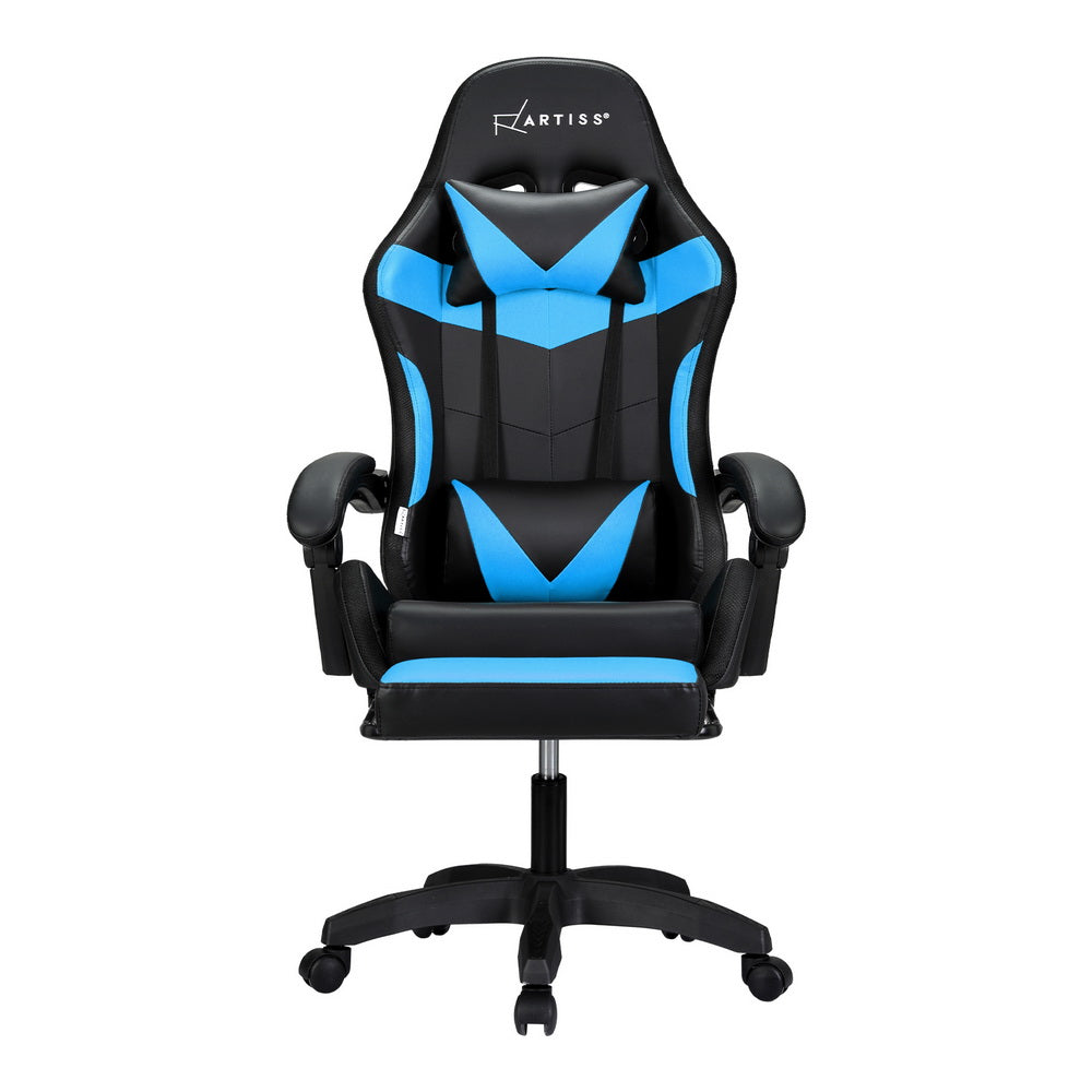 Artiss 6 Point Massage Gaming Office Chair 7 LED Footrest Cyan Blue MOC-GC-6P-LED-BK-CY