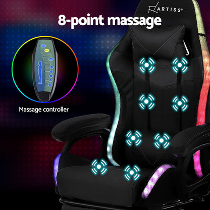 Artiss Gaming Office Chair 12 RGB LED Massage Computer Work Seat Footrest Black MOC-L-GC-8P-LED-BK