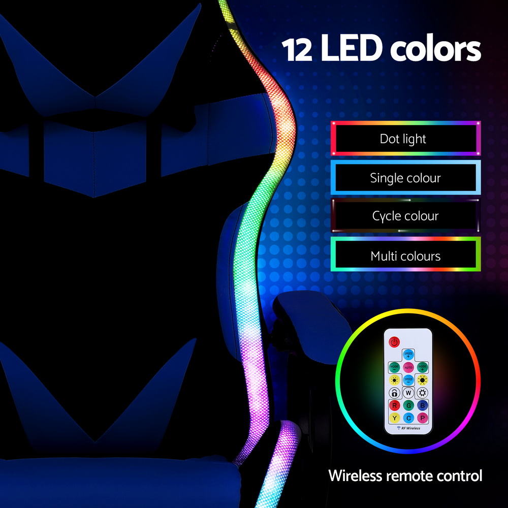 Artiss Gaming Office Chair 12 RGB LED Massage Computer Work Seat Footrest Blue MOC-L-GC-8P-LED-BL