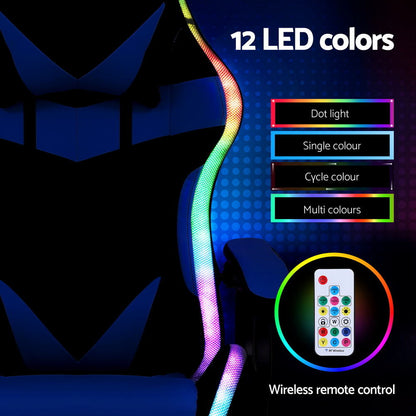 Artiss Gaming Office Chair 12 RGB LED Massage Computer Work Seat Footrest Blue MOC-L-GC-8P-LED-BL