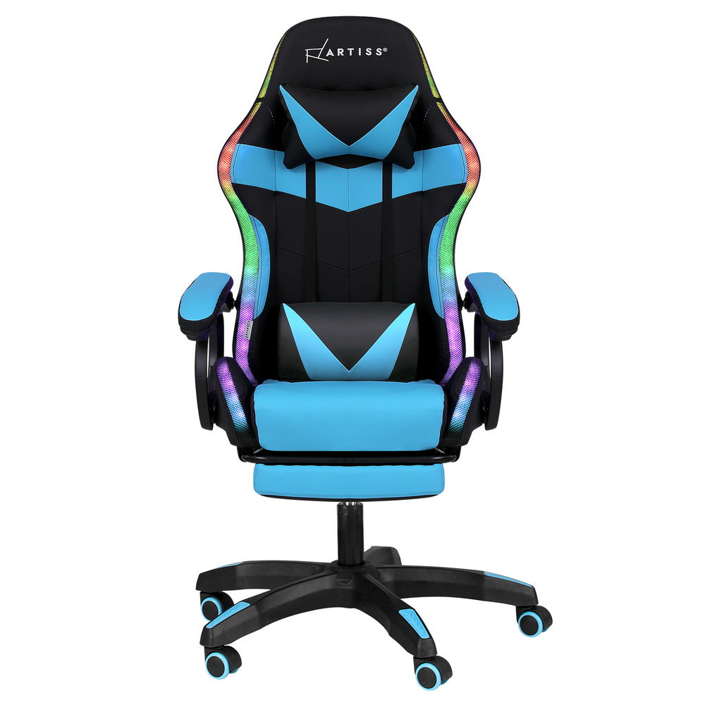 Artiss Gaming Office Chair 12 RGB LED Massage Computer Work Seat Footrest Cyan MOC-L-GC-8P-LED-CY