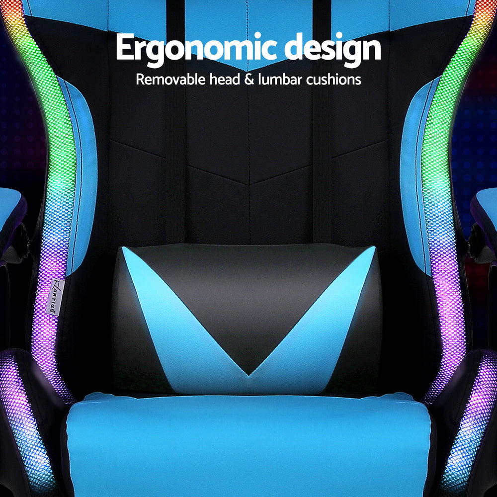 Artiss Gaming Office Chair 12 RGB LED Massage Computer Work Seat Footrest Cyan MOC-L-GC-8P-LED-CY