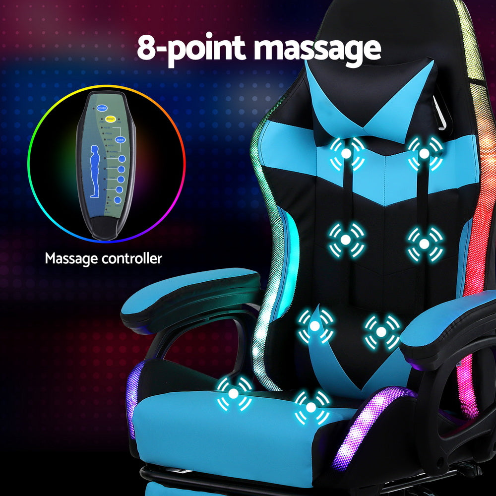 Artiss Gaming Office Chair 12 RGB LED Massage Computer Work Seat Footrest Cyan MOC-L-GC-8P-LED-CY