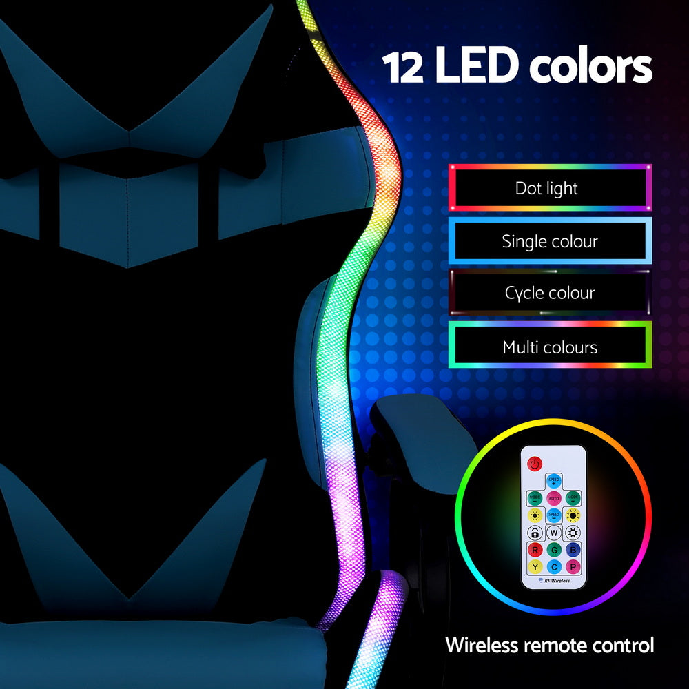 Artiss Gaming Office Chair 12 RGB LED Massage Computer Work Seat Footrest Cyan MOC-L-GC-8P-LED-CY