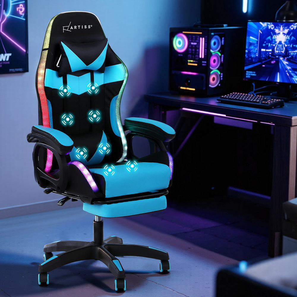 Artiss Gaming Office Chair 12 RGB LED Massage Computer Work Seat Footrest Cyan MOC-L-GC-8P-LED-CY