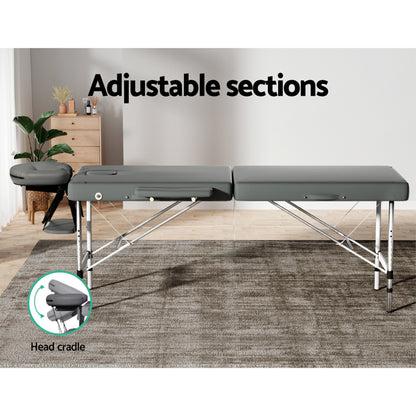 Zenses Massage Table 55cm Portable 2 Fold Aluminium Beauty Bed Grey MT-ALUM-2FOLD-GR-55