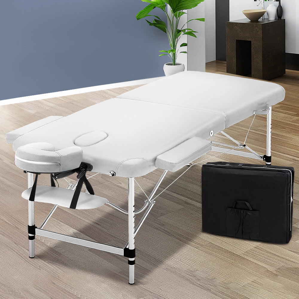 Zenses Massage Table 75cm Portable 2 Fold Aluminium Beauty Bed White MT-ALUM-2FOLD-WH-75