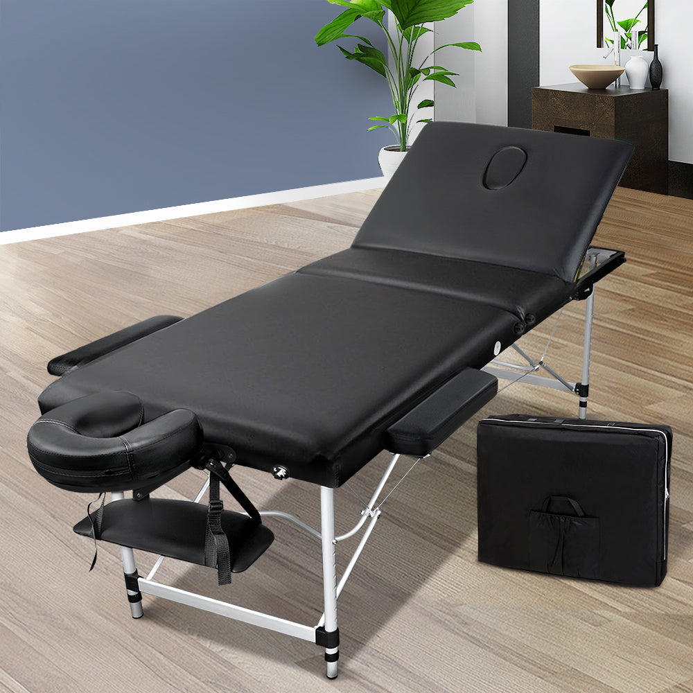 Zenses Massage Table 60cm Portable 3 Fold Aluminium Beauty Bed Black MT-ALUM-F4-BLACK-60