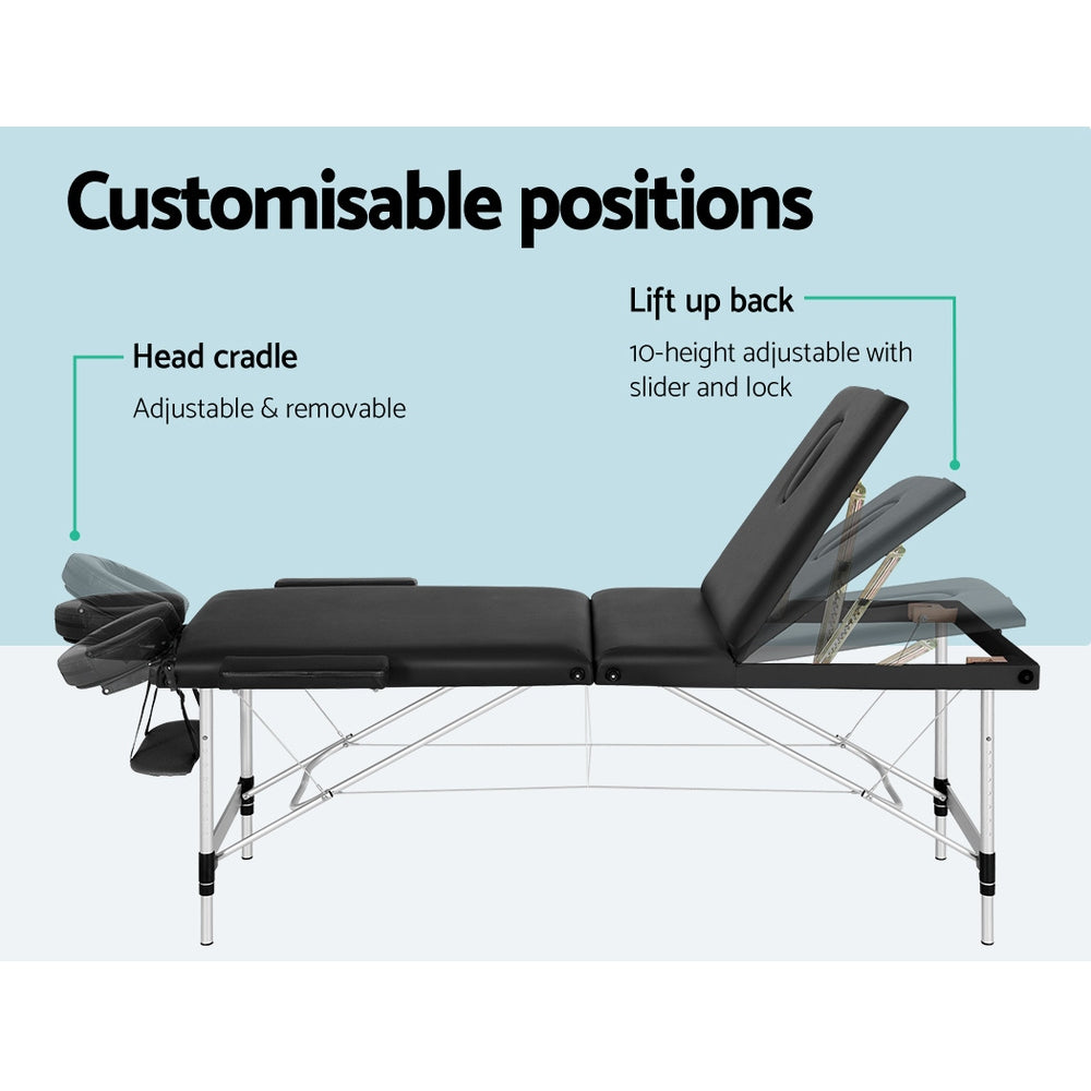 Zenses Massage Table 65cm Portable 3 Fold Aluminium Beauty Bed Black MT-ALUM-GA301-BK-65