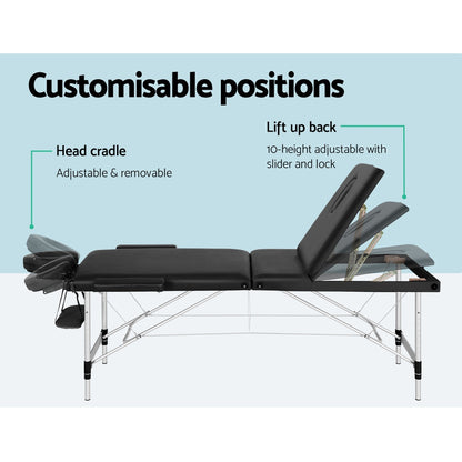 Zenses Massage Table 65cm Portable 3 Fold Aluminium Beauty Bed Black MT-ALUM-GA301-BK-65