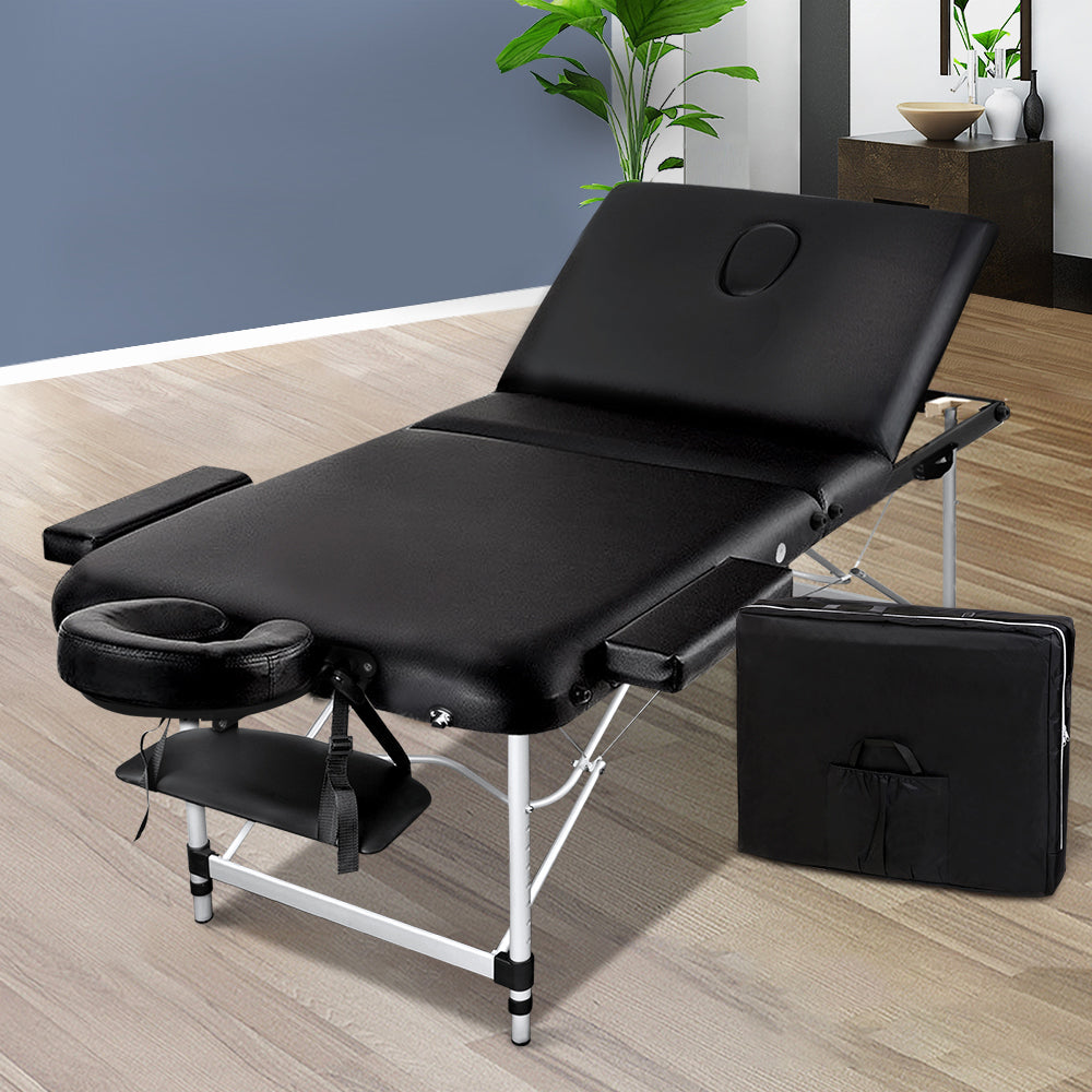 Zenses Massage Table 80cm Portable 3 Fold Aluminium Beauty Bed Black MT-ALUM-GA301-BK-80