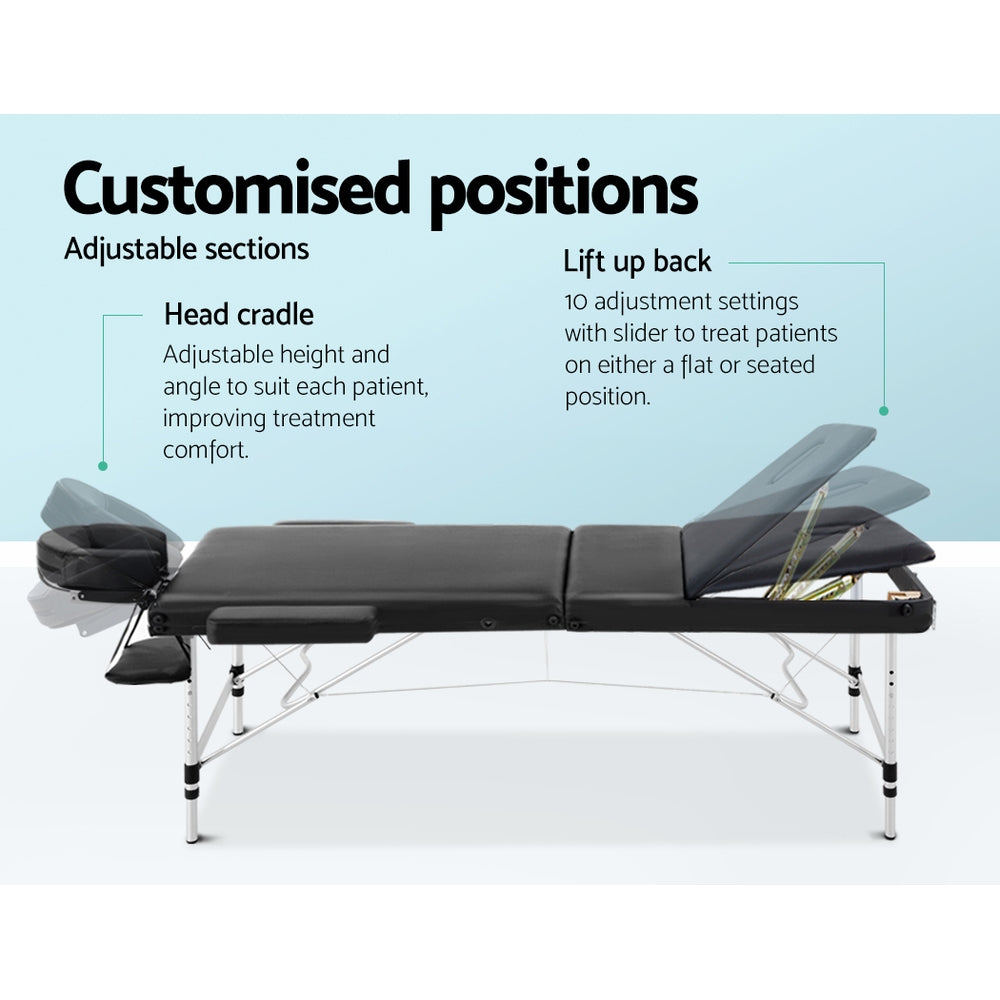 Zenses Massage Table 80cm Portable 3 Fold Aluminium Beauty Bed Black MT-ALUM-GA301-BK-80