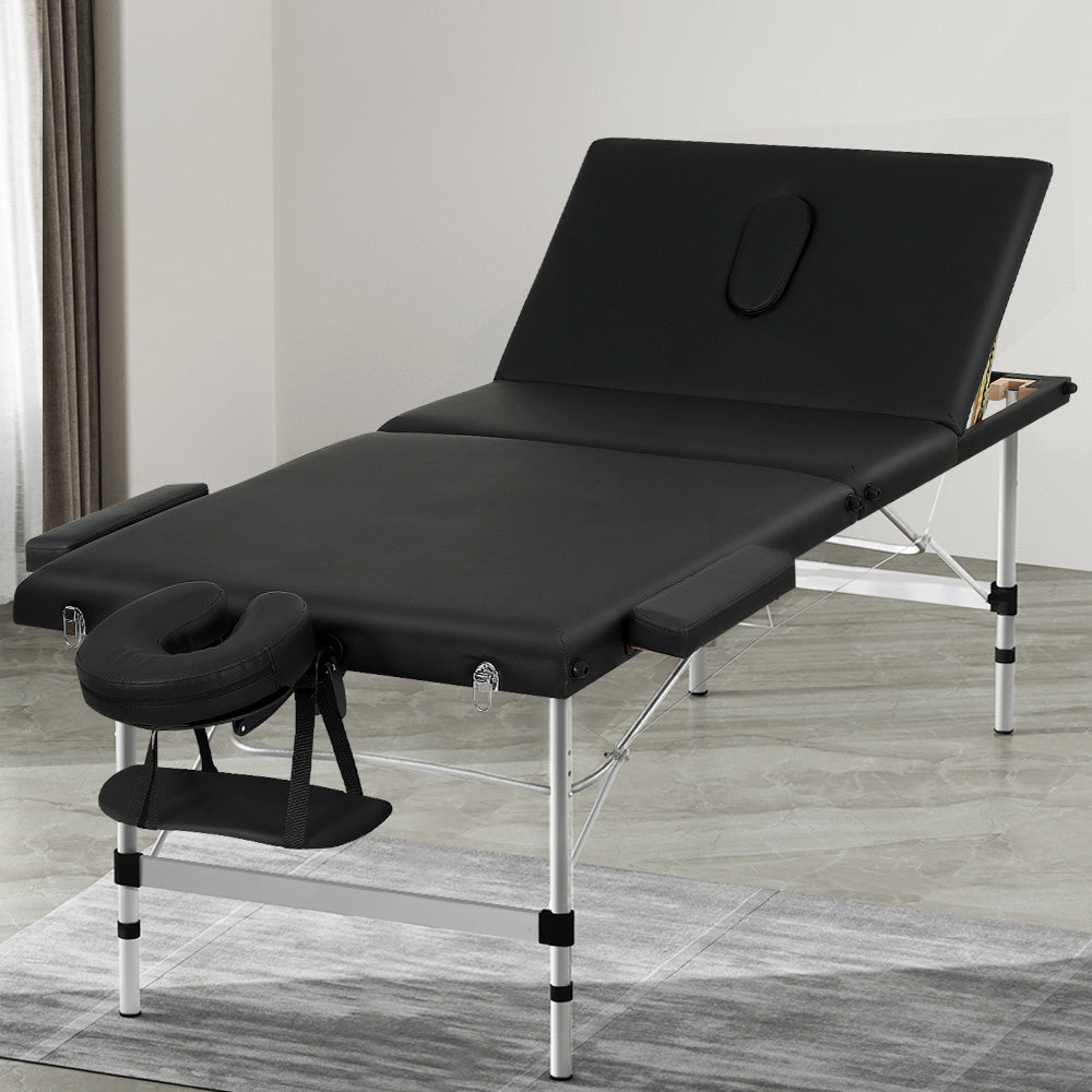 Zenses Massage Table 85cm Portable 3 Fold Aluminium Beauty Bed Black MT-ALUM-GA301-BK-85