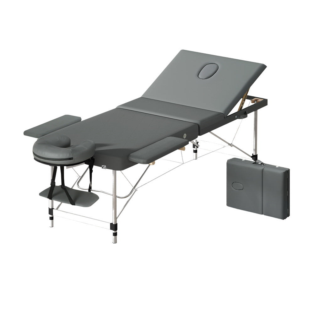 Zenses Massage Table 75cm Portable 3 Fold Aluminium Beauty Bed Grey MT-ALUM-GA301-GR-75