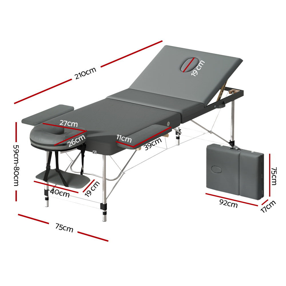 Zenses Massage Table 75cm Portable 3 Fold Aluminium Beauty Bed Grey MT-ALUM-GA301-GR-75