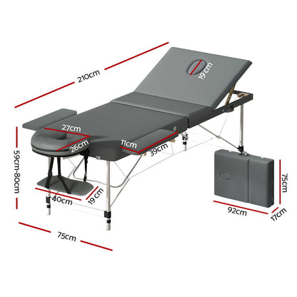 Zenses Massage Table 75cm Portable 3 Fold Aluminium Beauty Bed Grey MT-ALUM-GA301-GR-75