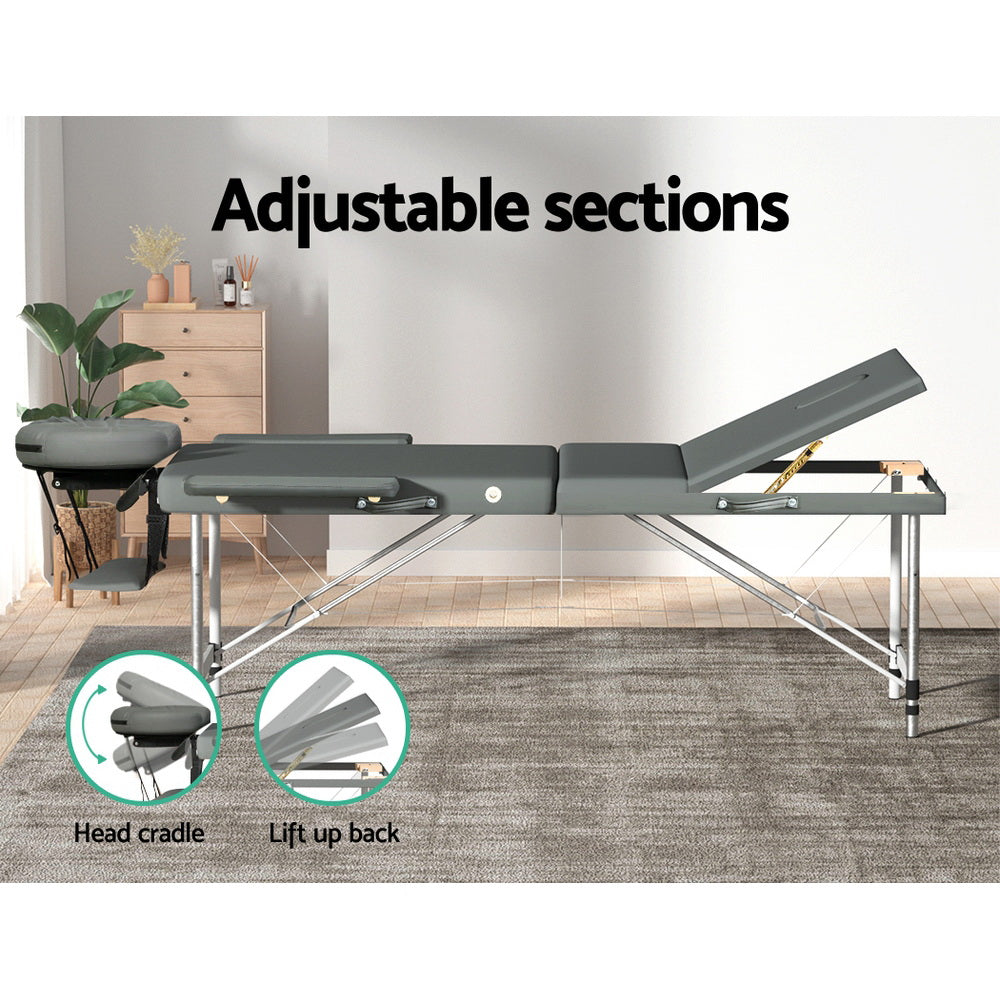 Zenses Massage Table 75cm Portable 3 Fold Aluminium Beauty Bed Grey MT-ALUM-GA301-GR-75