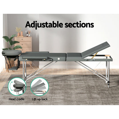 Zenses Massage Table 75cm Portable 3 Fold Aluminium Beauty Bed Grey MT-ALUM-GA301-GR-75