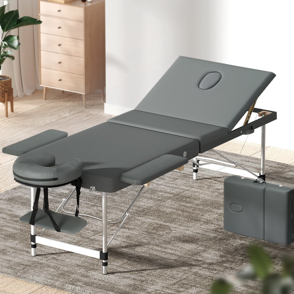 Zenses Massage Table 75cm Portable 3 Fold Aluminium Beauty Bed Grey MT-ALUM-GA301-GR-75