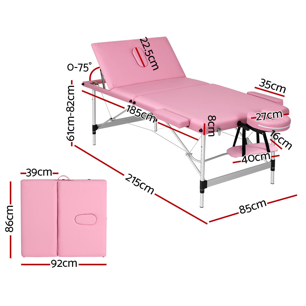 Zenses Massage Table 85cm Portable 3 Fold Aluminium Beauty Bed Pink MT-ALUM-GA301-PK-85