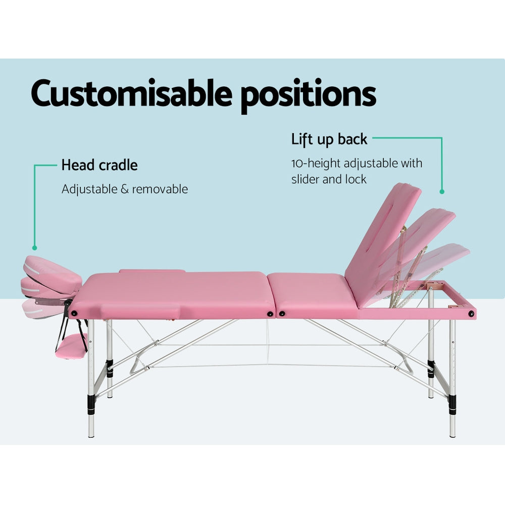 Zenses Massage Table 85cm Portable 3 Fold Aluminium Beauty Bed Pink MT-ALUM-GA301-PK-85