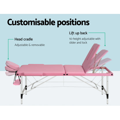Zenses Massage Table 85cm Portable 3 Fold Aluminium Beauty Bed Pink MT-ALUM-GA301-PK-85