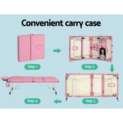 Zenses Massage Table 85cm Portable 3 Fold Aluminium Beauty Bed Pink MT-ALUM-GA301-PK-85