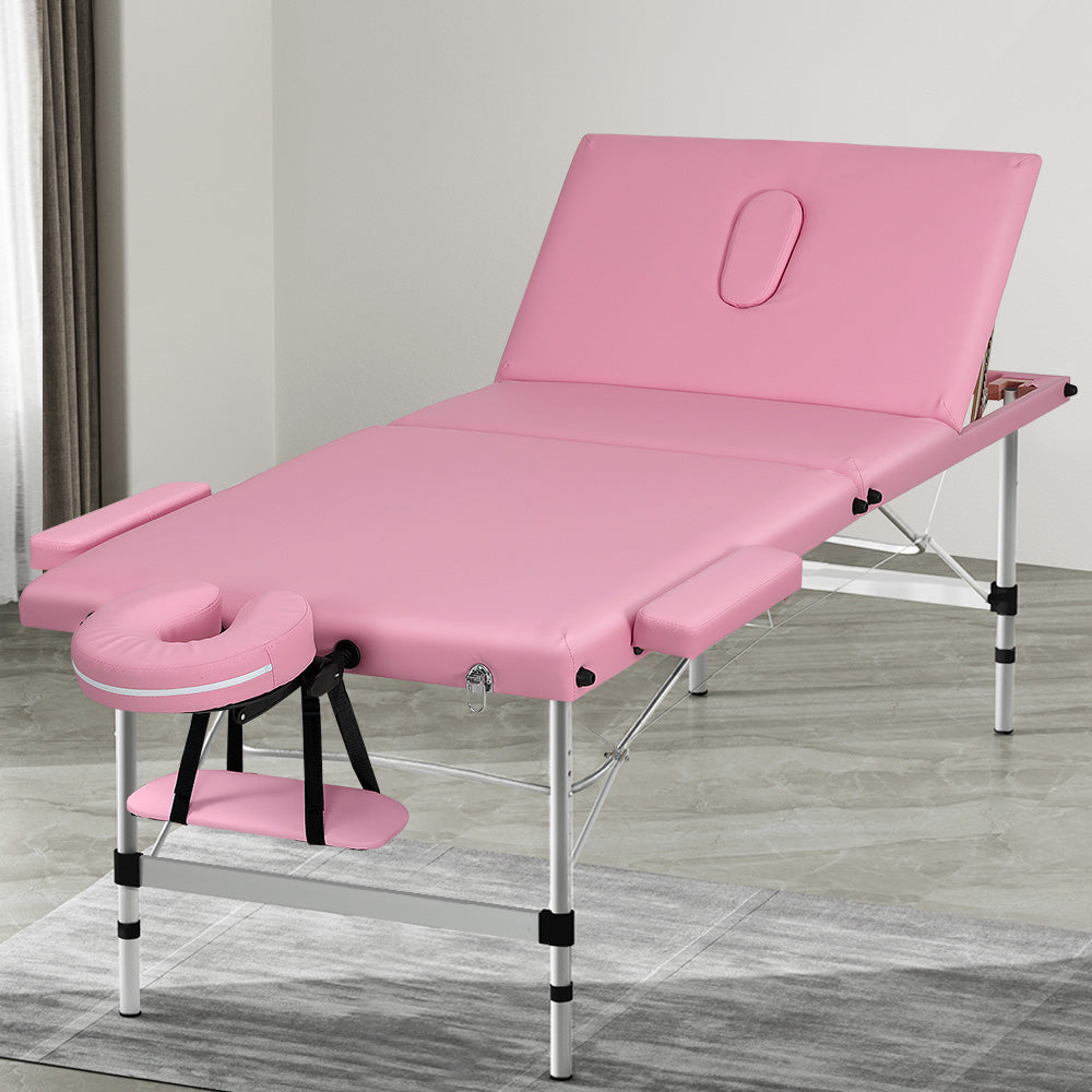 Zenses Massage Table 85cm Portable 3 Fold Aluminium Beauty Bed Pink MT-ALUM-GA301-PK-85