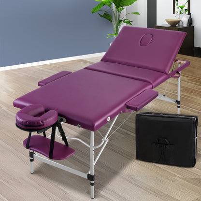 Zenses Massage Table 75cm Portable 3 Fold Aluminium Beauty Bed Violet MT-ALUM-GA301-VI-75