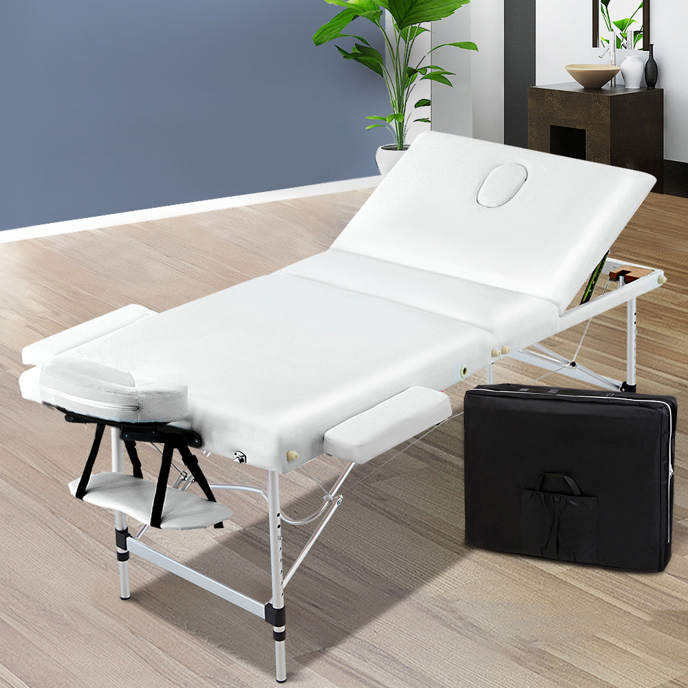 Zenses Massage Table 75cm Portable 3 Fold Aluminium Beauty Bed White MT-ALUM-GA301-WHITE-75