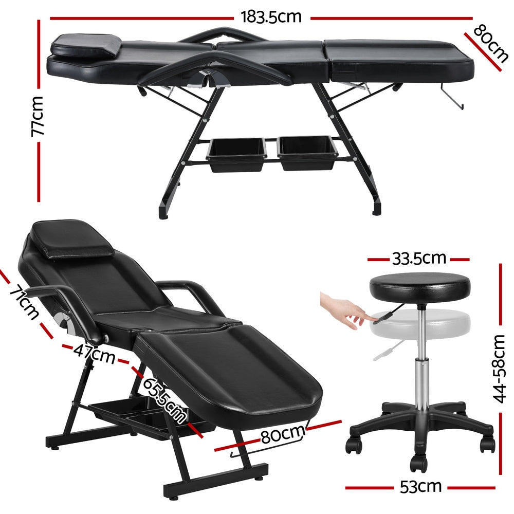 Zenses Massage Table Adjustable Salon Bed Chair 3-Fold Black MT-CHR-F3-BK-80