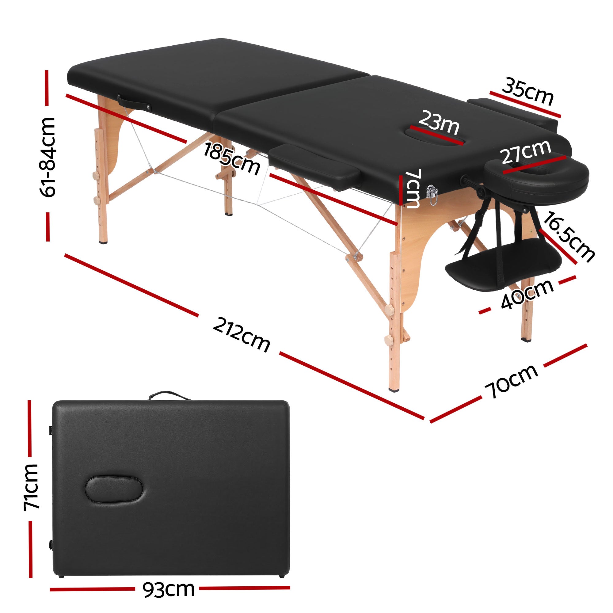 Zenses Massage Table 70cm Portable 2 Fold Wooden Beauty Waxing Therapy Bed Black MT-WOOD-2FOLD-BK-70
