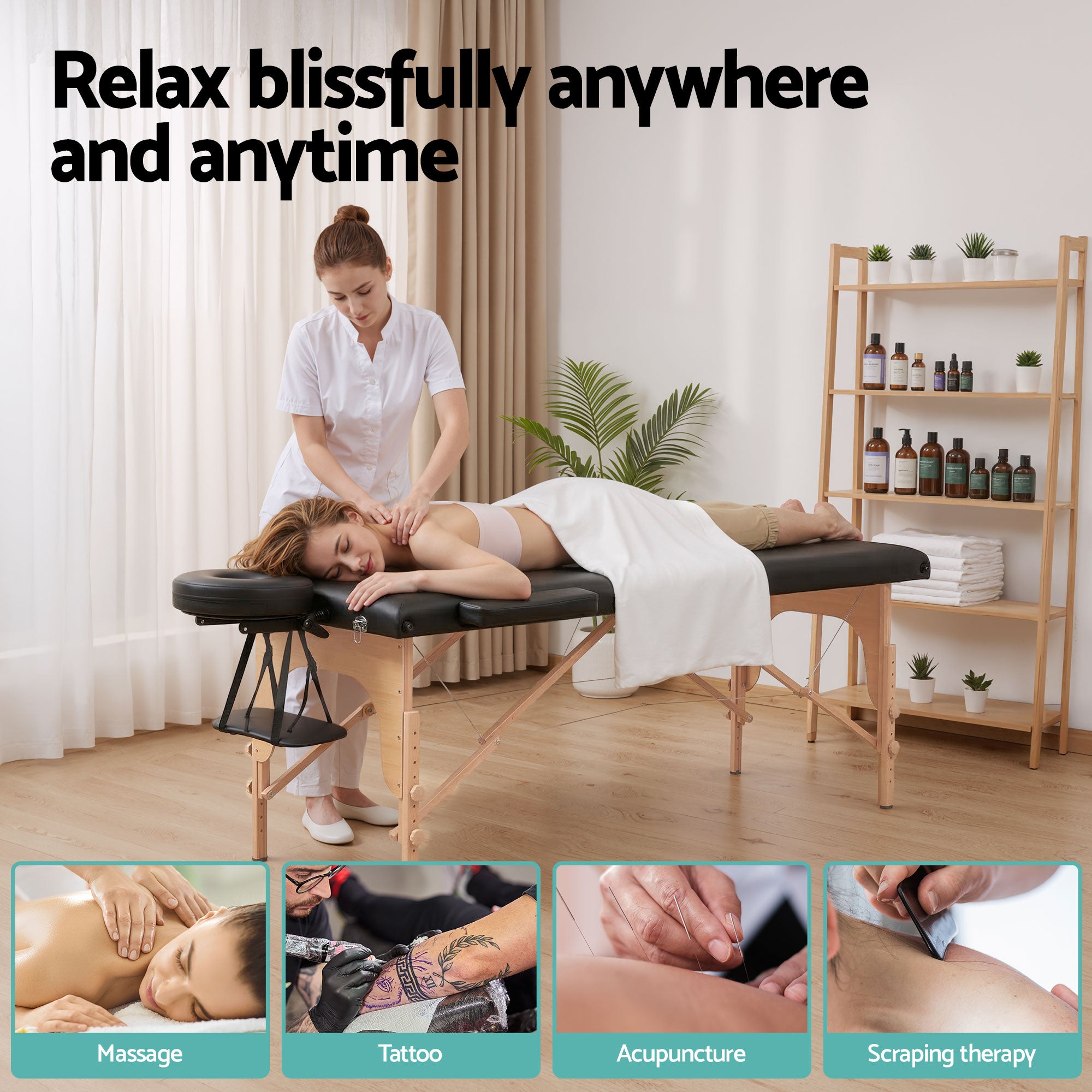 Zenses Massage Table 70cm Portable 2 Fold Wooden Beauty Waxing Therapy Bed Black MT-WOOD-2FOLD-BK-70