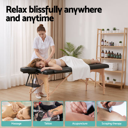 Zenses Massage Table 70cm Portable 2 Fold Wooden Beauty Waxing Therapy Bed Black MT-WOOD-2FOLD-BK-70