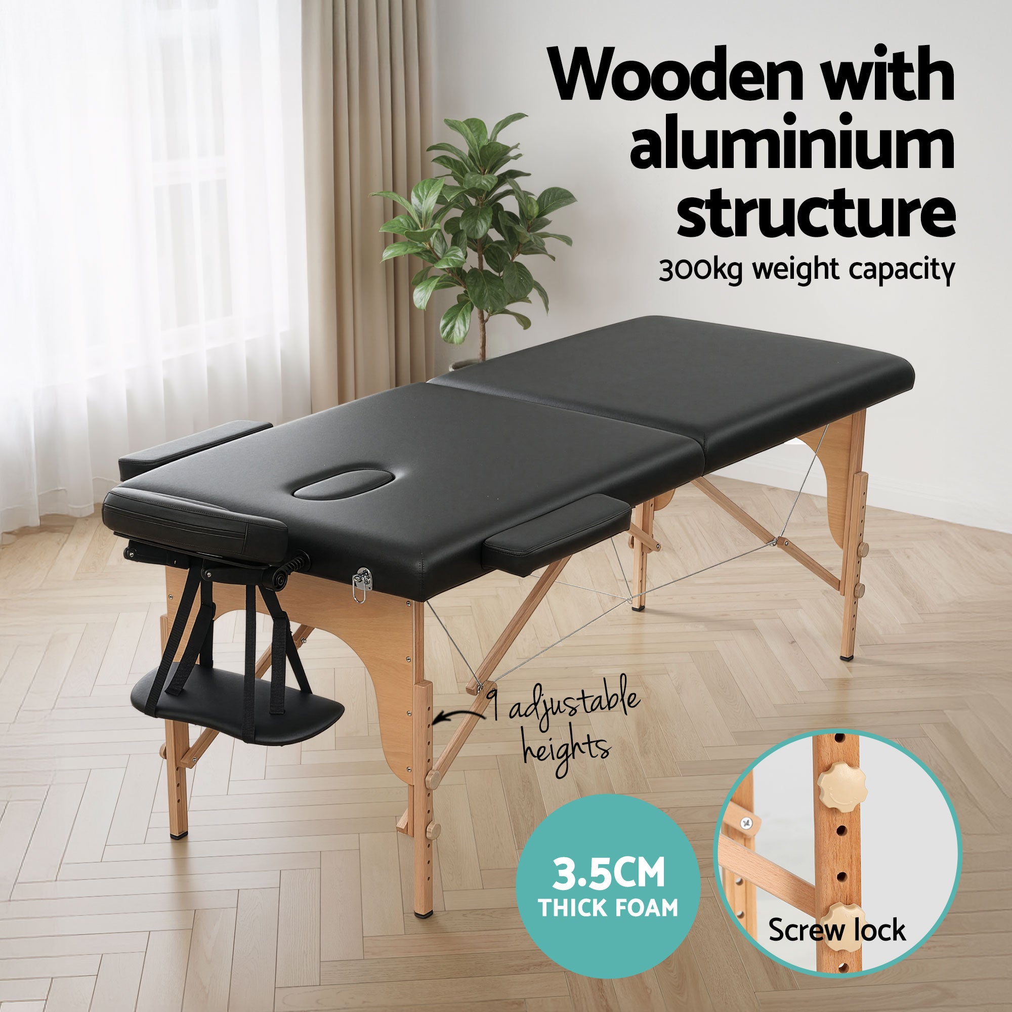 Zenses Massage Table 70cm Portable 2 Fold Wooden Beauty Waxing Therapy Bed Black MT-WOOD-2FOLD-BK-70