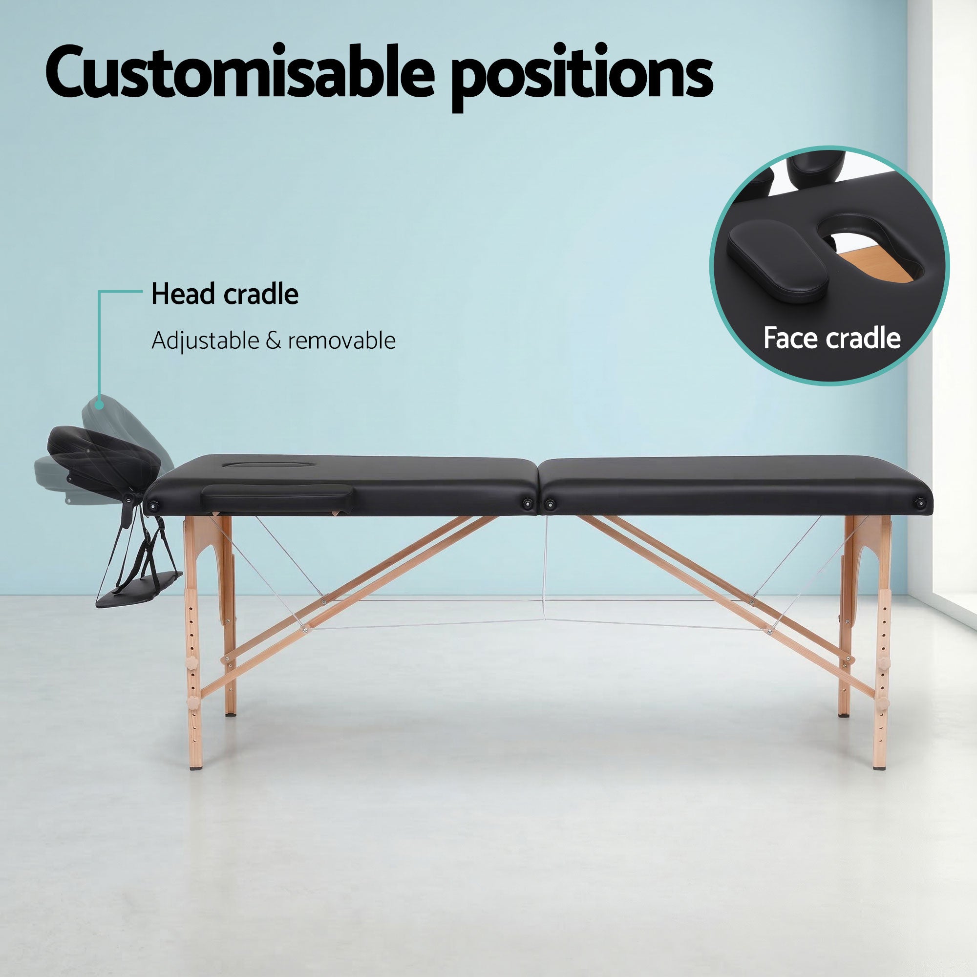 Zenses Massage Table 70cm Portable 2 Fold Wooden Beauty Waxing Therapy Bed Black MT-WOOD-2FOLD-BK-70
